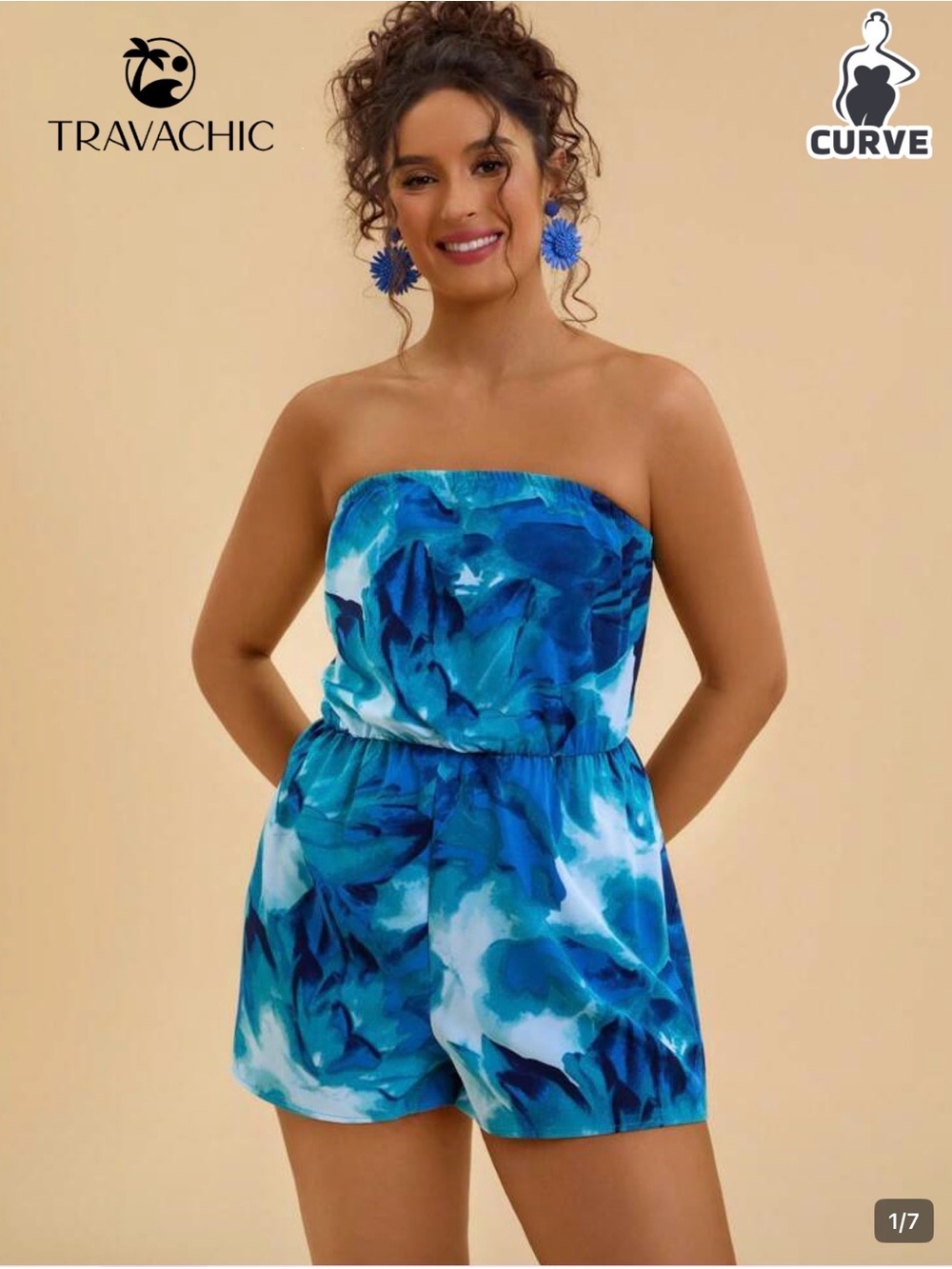 SHEIN Strapless Teal & Navy Print